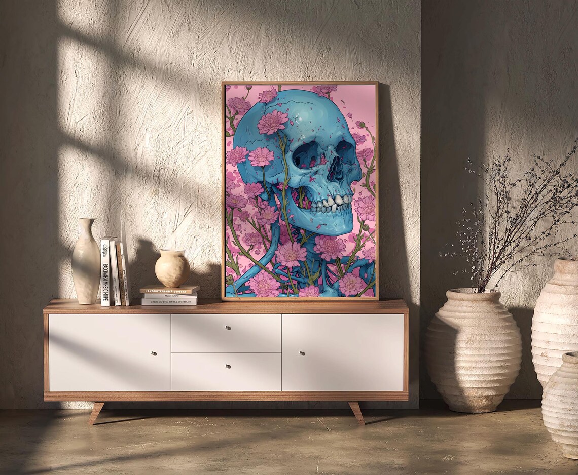 Blue Skull Pink Wildflowers Tattoo Style Bold Floral Art Poster - Image 2