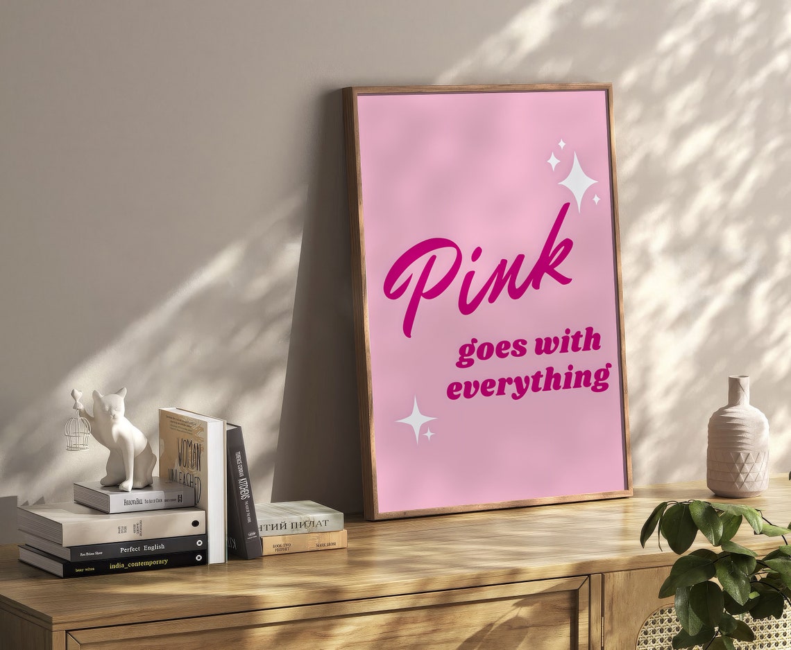 Pink Goes With Everything Retro Script Sparkle Quote Wall Art - Image 2