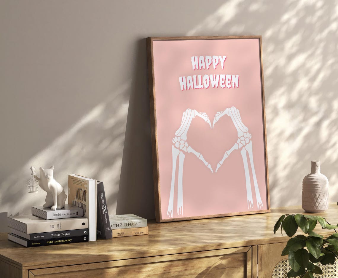 Happy Halloween Skeleton Heart Hands Cute Pink Spooky Decor Poster