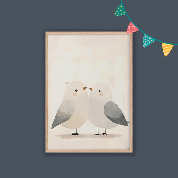 Two Sweet Birds Cute Feathered Pair Nursery Decor Baby Room Poster