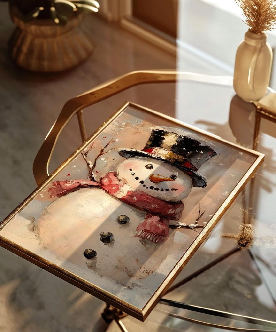 Vintage Snowman With Black Top Hat and Red Scarf Painting Poster - Image 2
