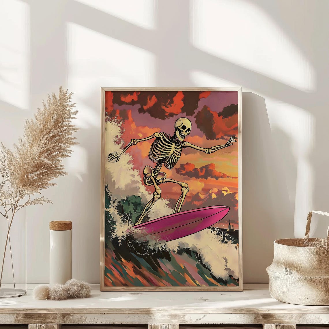 Skeleton Surfing Pink Surfboard Sunset Wave Summer Art Poster - Image 2