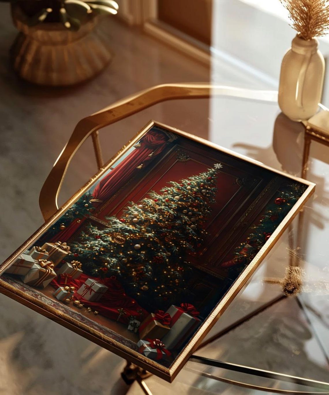 Christmas Tree In Elegant Red Room With Gifts Vintage Holiday Poster - Image 2
