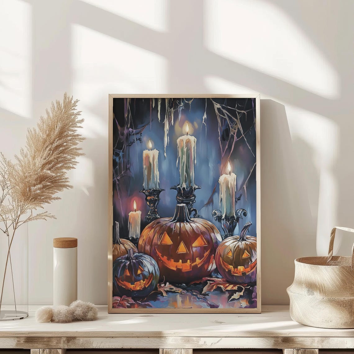 Jack O Lanterns Dripping Candles Moonlit Spooky Painting Poster - Image 3