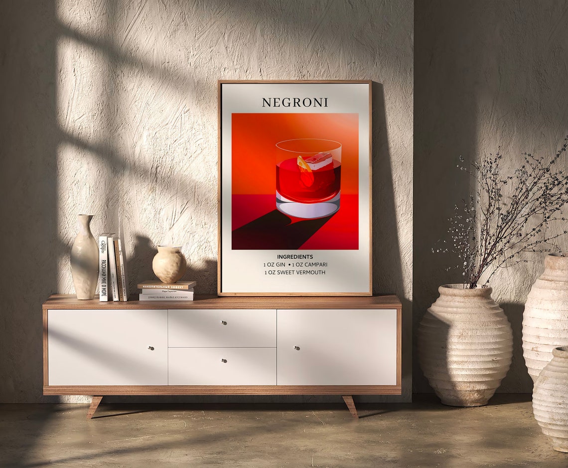 Negroni Cocktail Recipe Art Print Retro Bar Cart Wall Decor Orange - Image 2