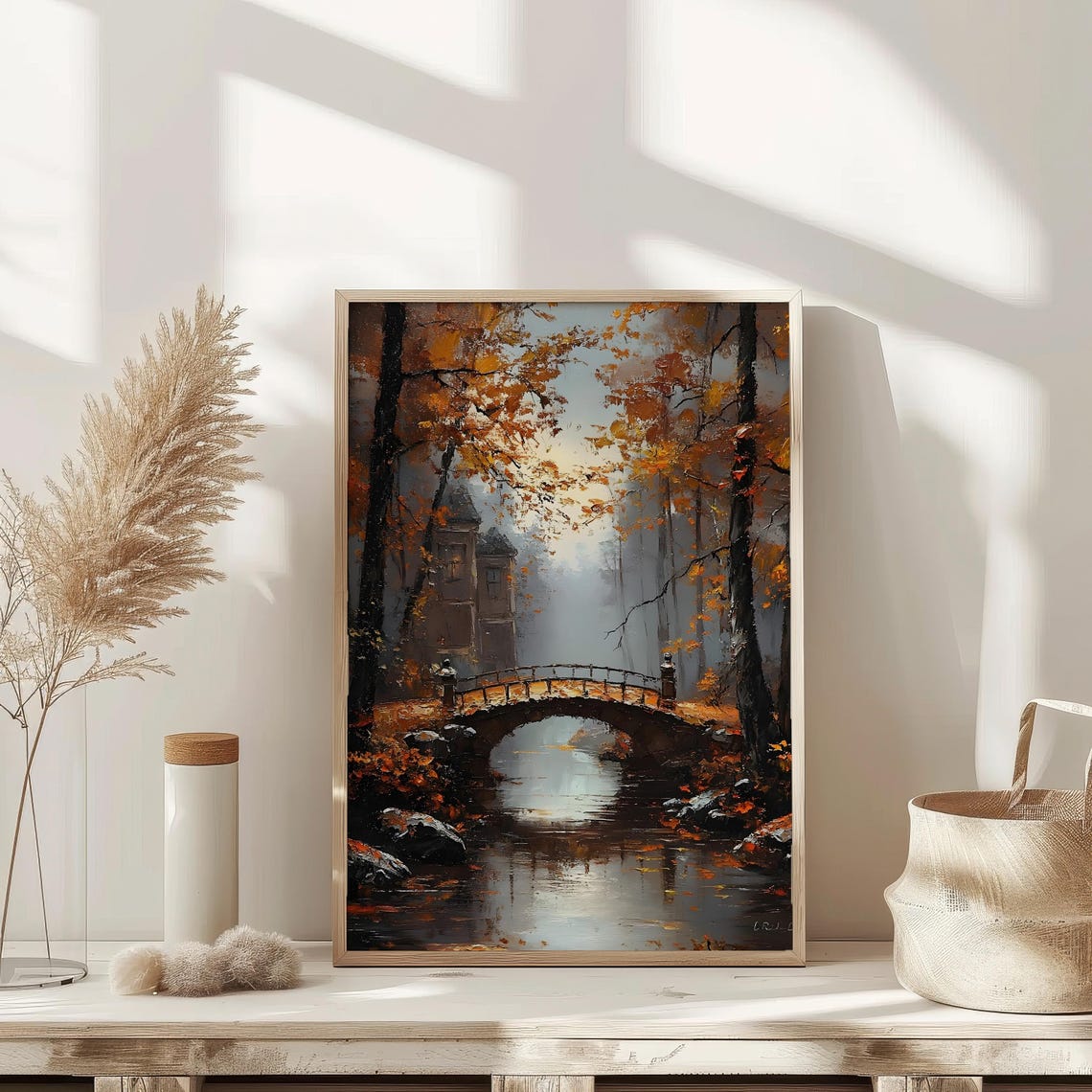 Misty Autumn Bridge Over Quiet River Forest Oil Painting Poster - Image 3