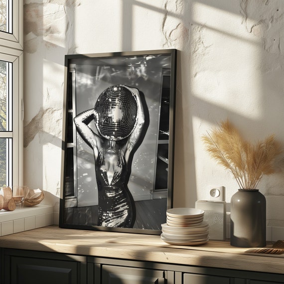 Girl With A Disco Ball Print Vintage Bar Cart It Girl Dorm Retro Wall Art Newspaper Headline Poster College Apartment Decor Funky