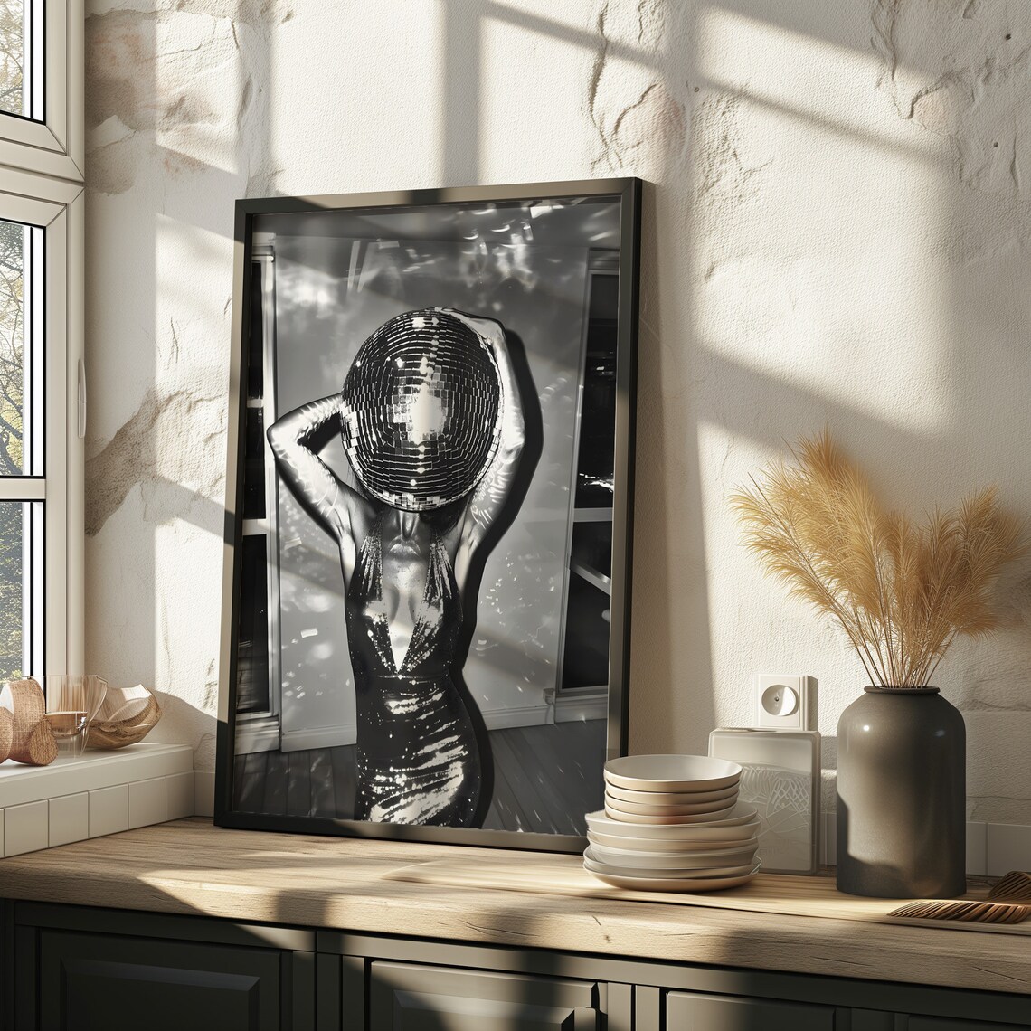 Disco Ball Head Woman Black and White Fashion Photography Poster