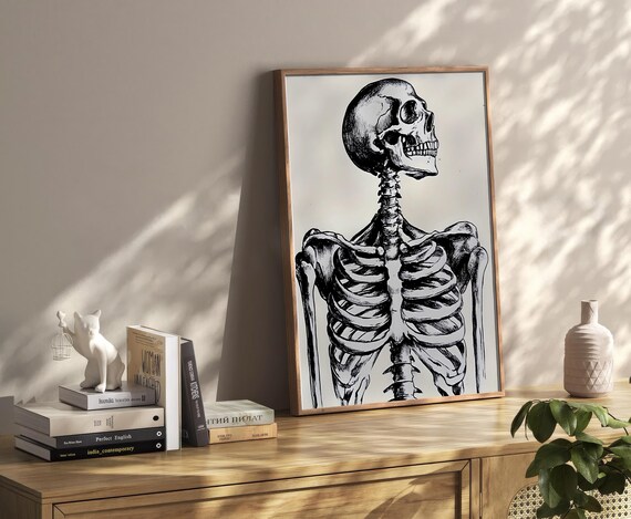 Anatomical Skeleton Ink Illustration Monochrome Gothic Wall Art