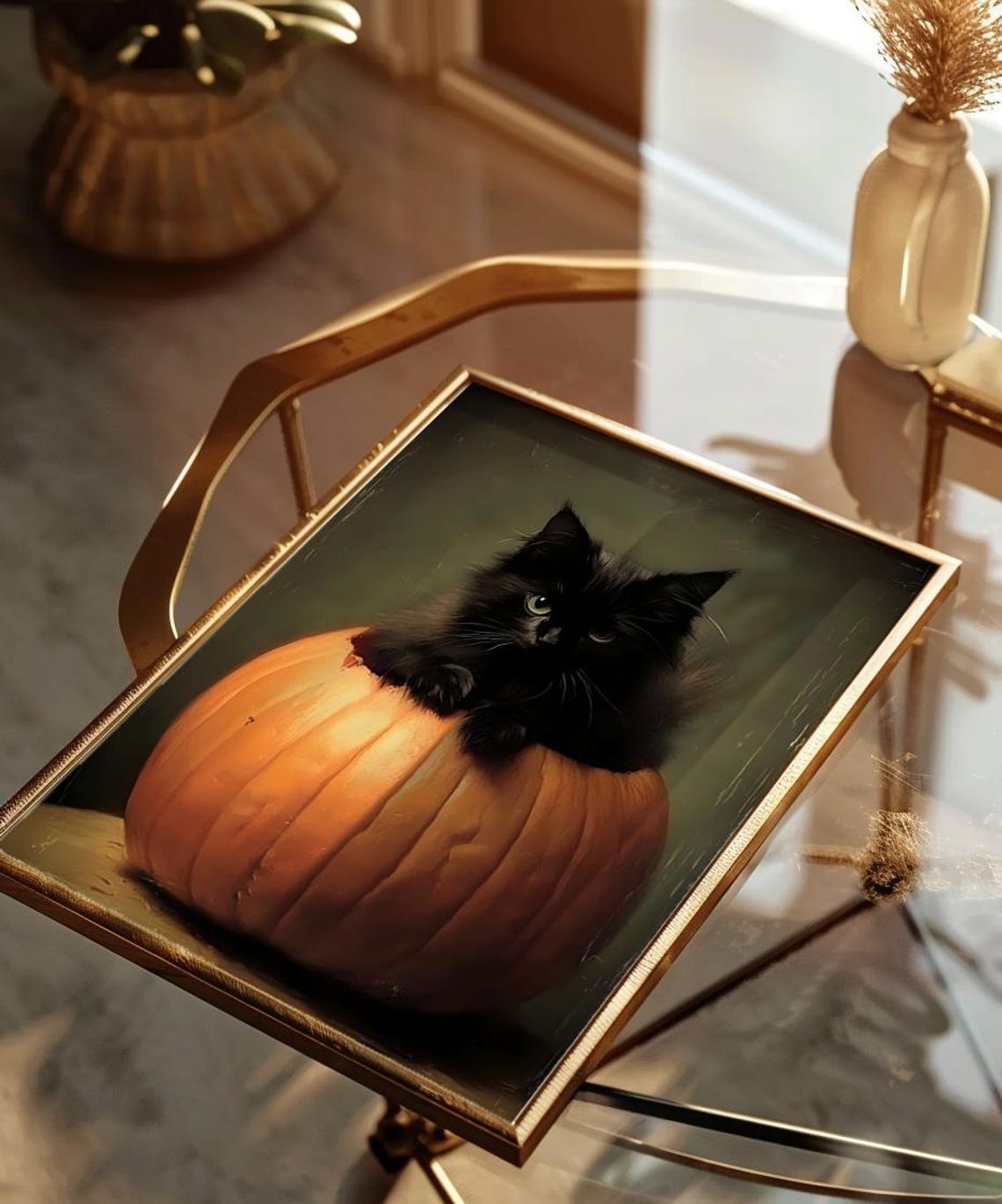 Black Cat in a Pumpkin Vintage Halloween Cat Portrait Wall Art - Image 4