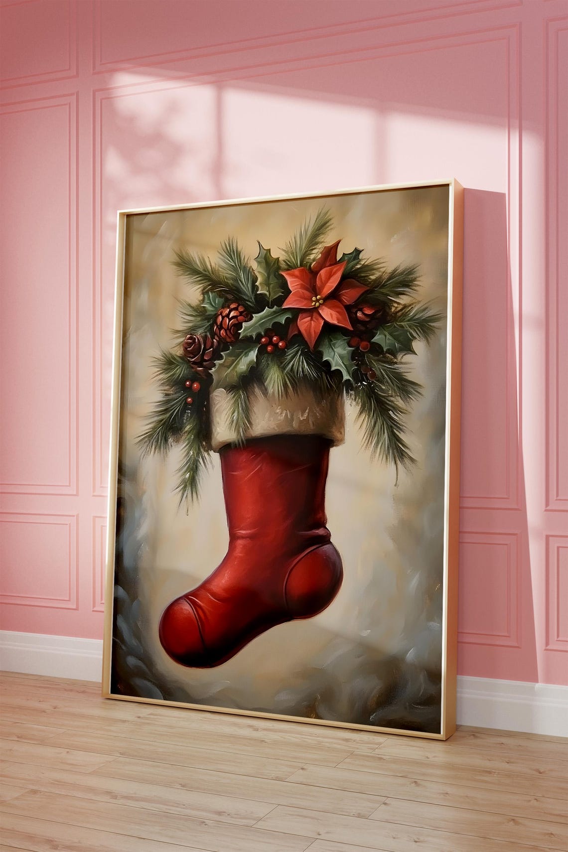 Red Christmas Stocking With Holly Vintage Oil Painting Poster - Image 3