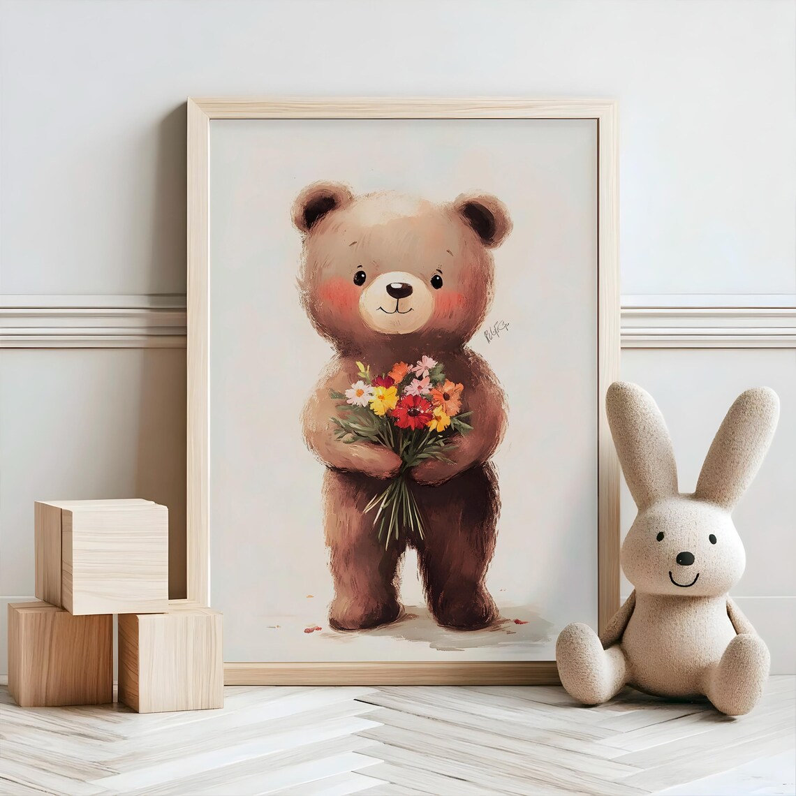 Watercolor Brown Bear Holding Colorful Flower Bouquet Sweet Nursery Art Poster - Image 2