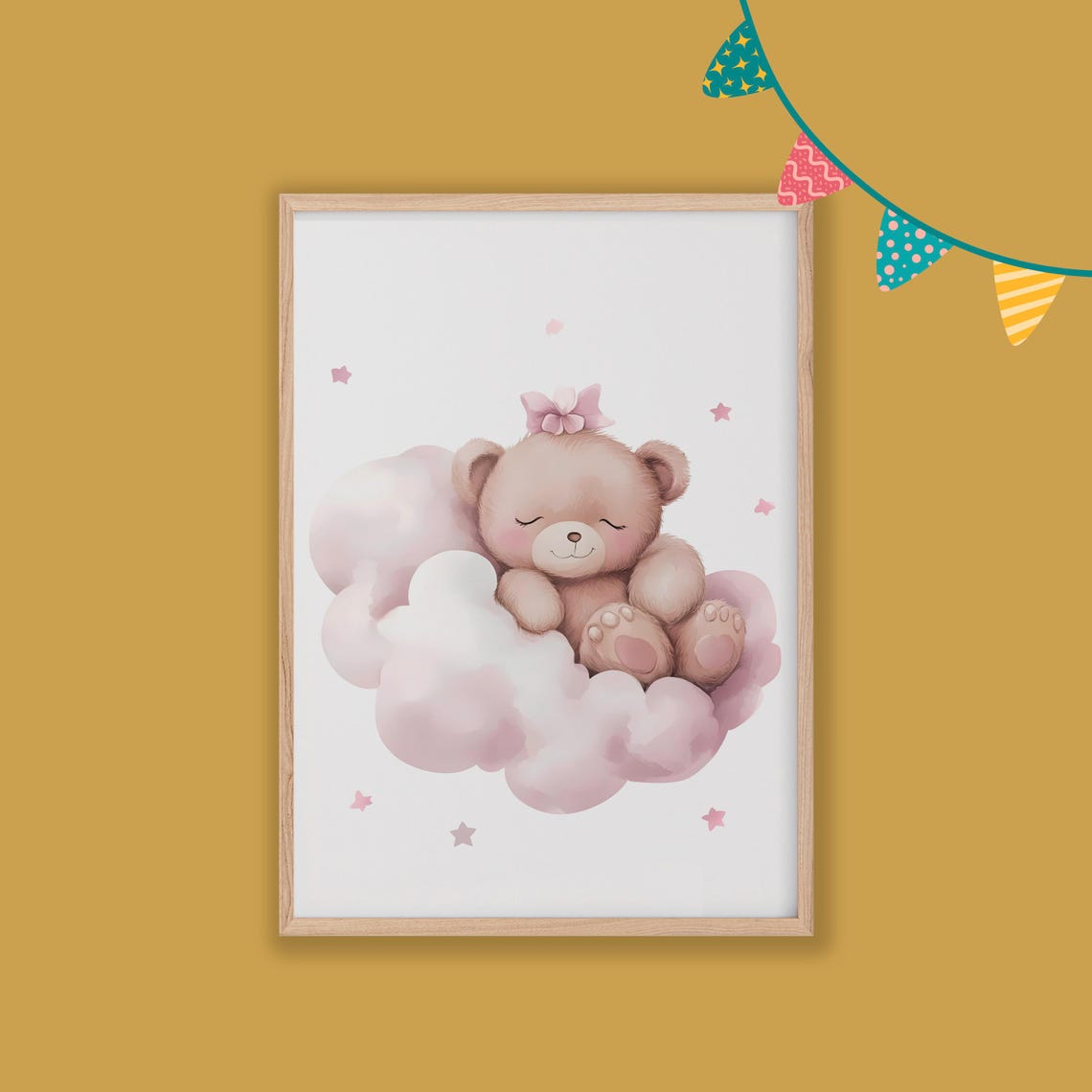Sleepy Baby Bear Cloud Pink Bow Watercolor Nursery Art Poster - Image 2