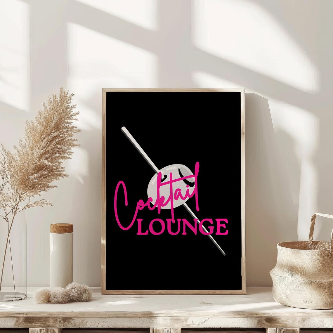 Cocktail Lounge Pink Script Olive Martini Black Bar Decor Poster