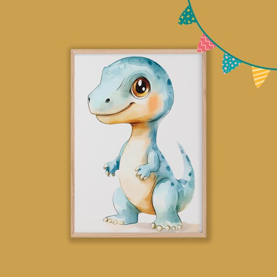 Sweet Cute Blue Watercolor Baby Dinosaur Nursery Art Decor Poster