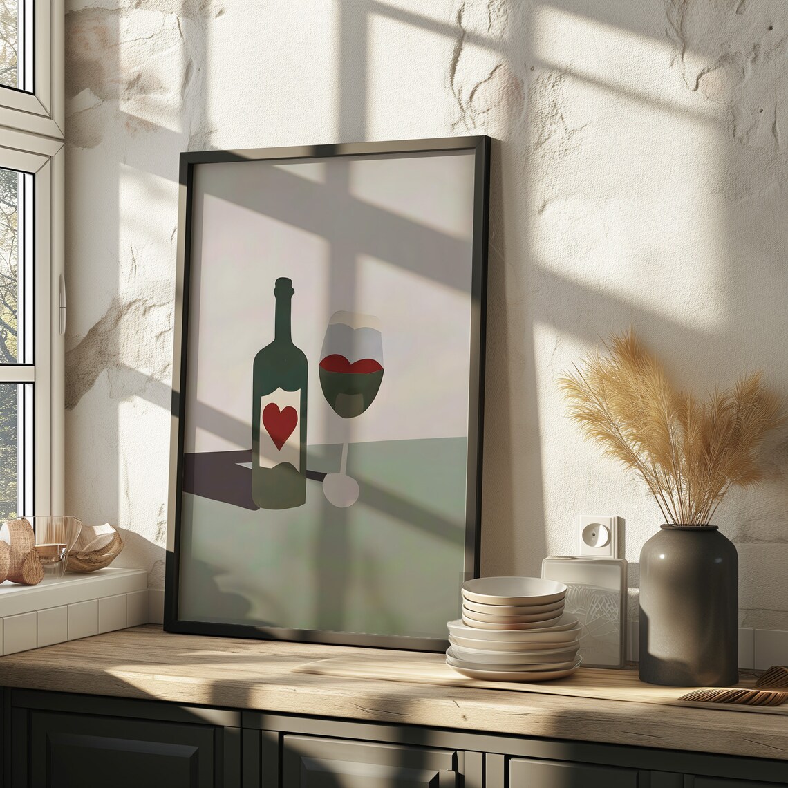 Wine Bottle and Glass Heart Love Illustration Kitchen Bar Art Poster - Image 2