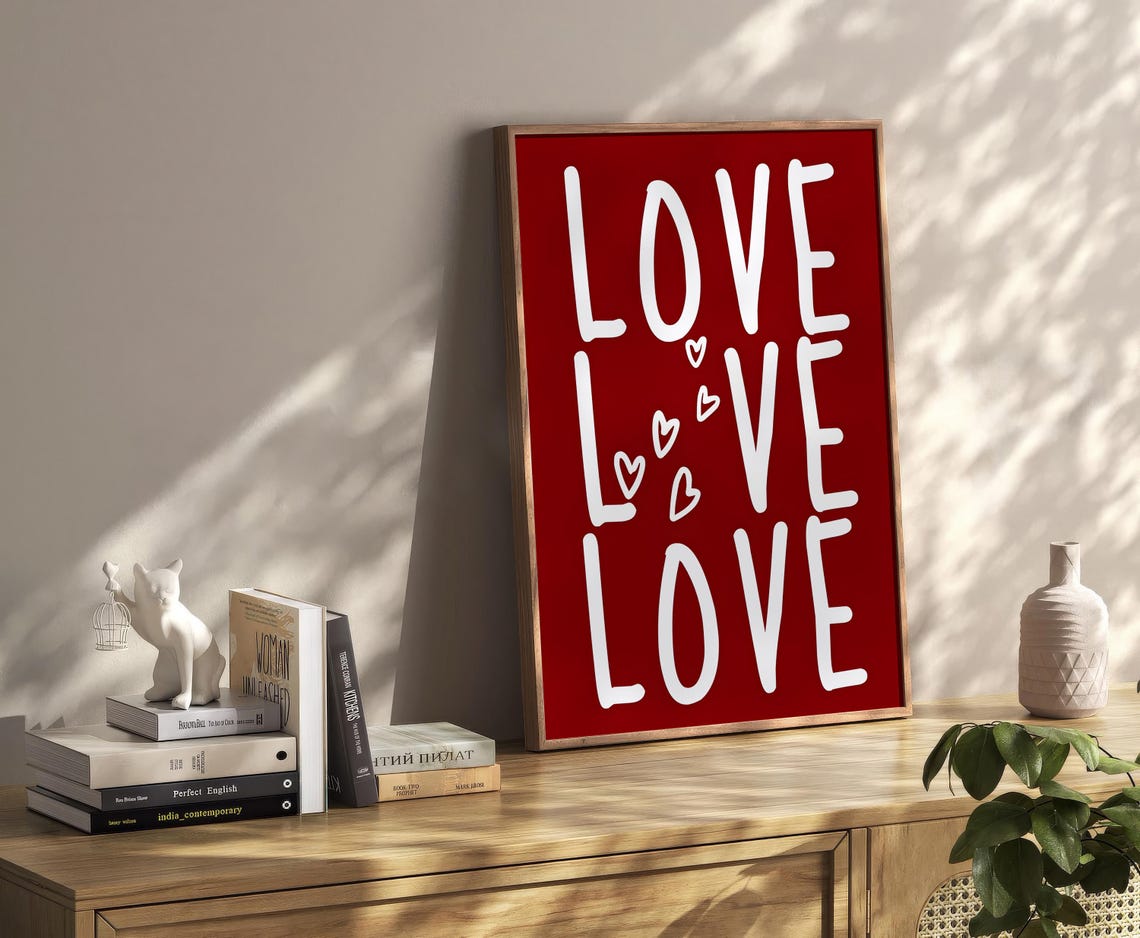 Love Love Love Red Hand Lettered Hearts Romantic Typography Poster