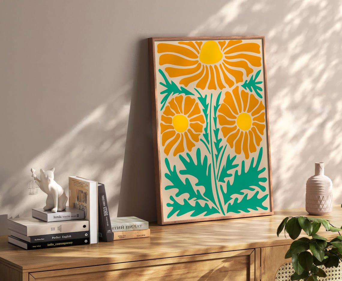 Bold Orange Daisy Flower Green Leaves Retro Botanical Wall Art - Image 2