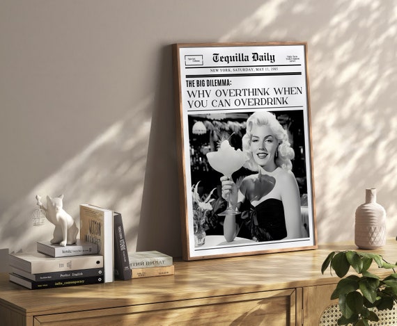 Overthink Overdrink Trendy New York Newspaper Print Vintage Bar Cart Retro Wall Art Newspaper Headline Poster College Apartment Decor