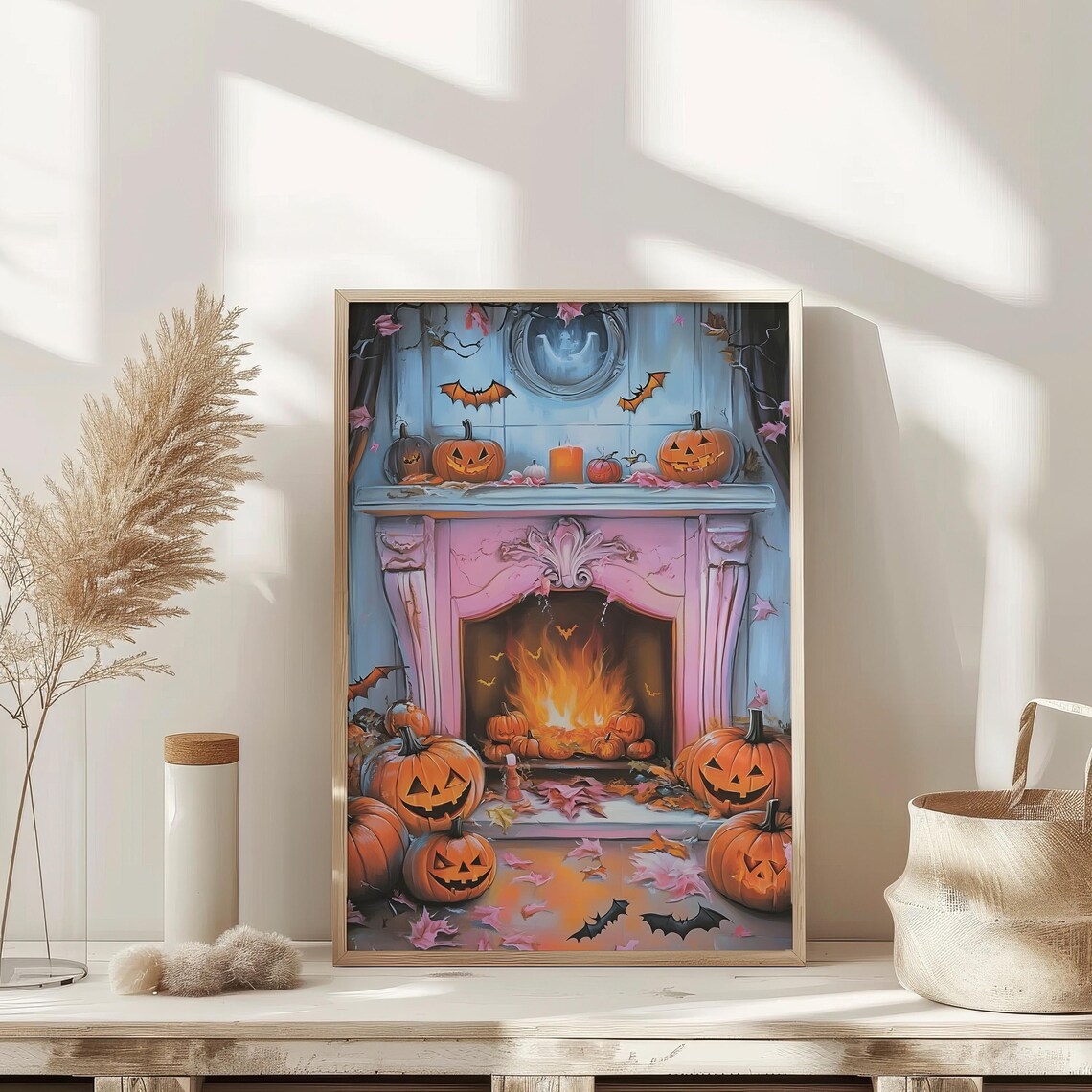 Cute Pink Halloween Fireplace Pumpkins Bats Cozy Autumn Scene Poster - Image 3