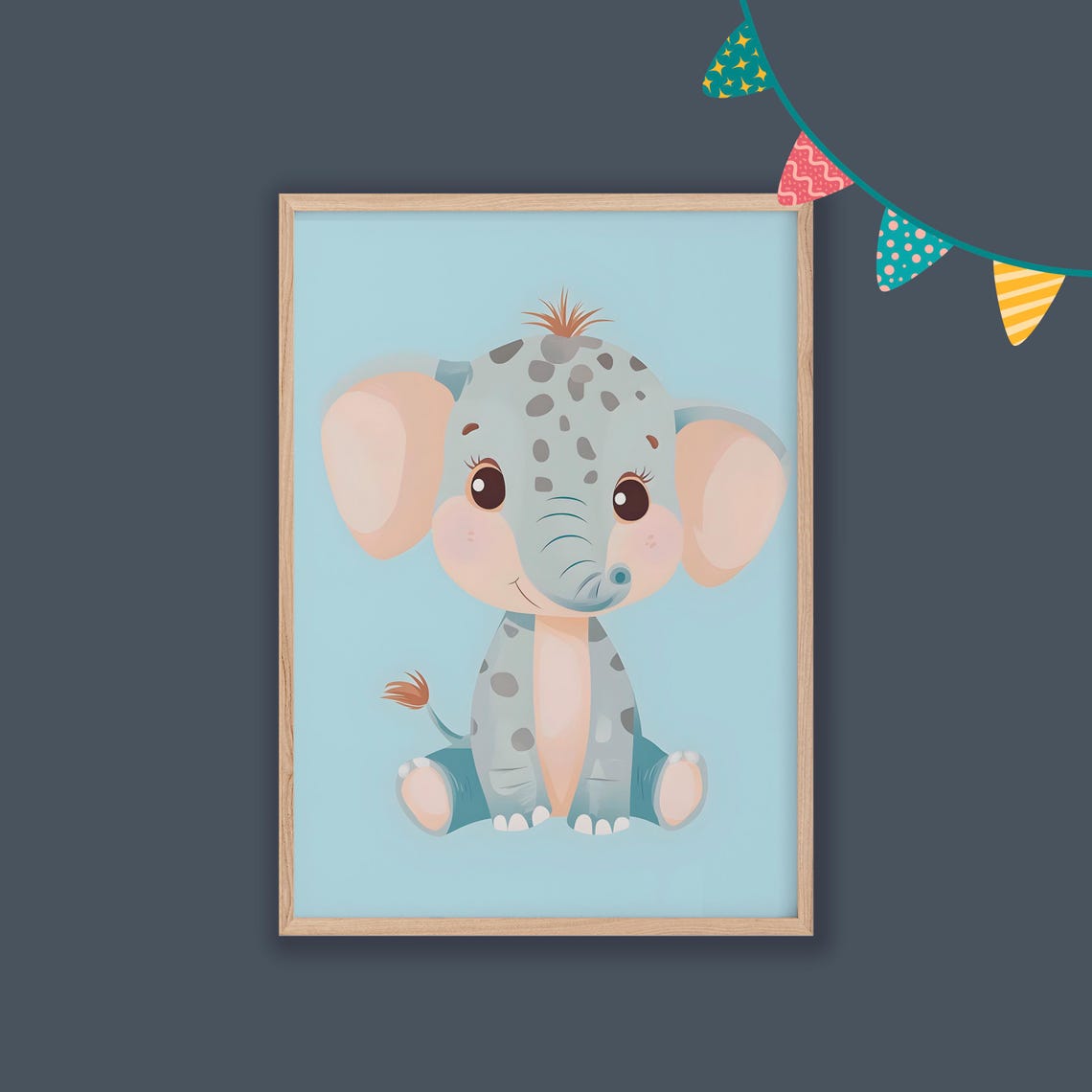 Cute Spotted Baby Elephant on Blue Minimalist Nursery Wall Art