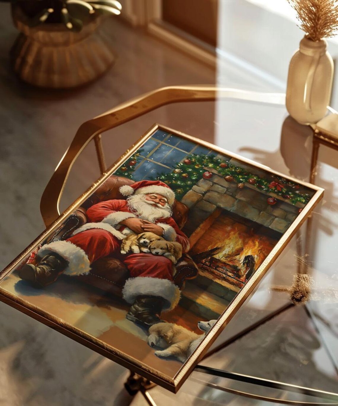 Sleeping Santa With Puppies By A Cozy Fireplace Christmas Scene Poster - Image 2