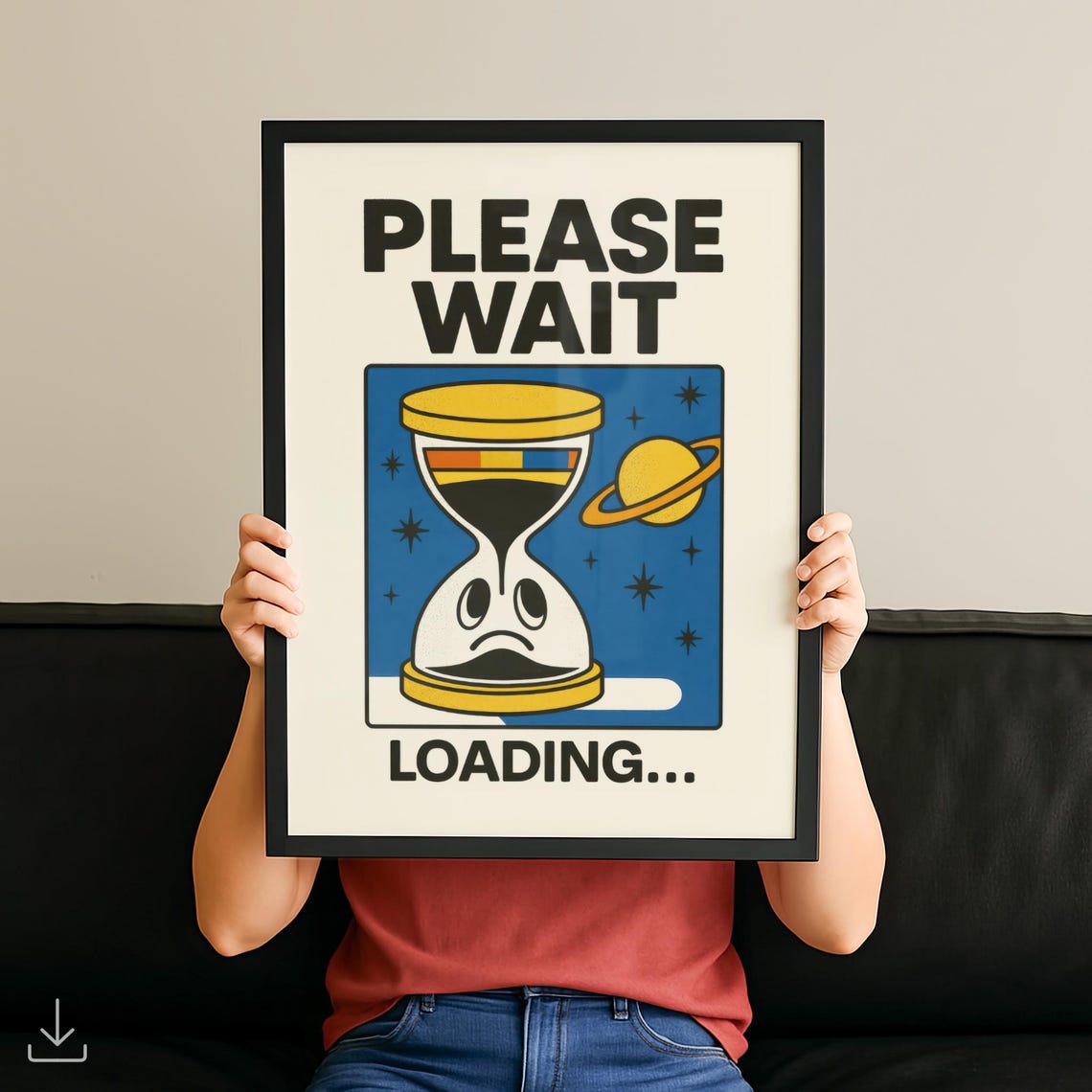 Please Wait Loading Funny Retro Cartoon Hourglass Space Art Poster