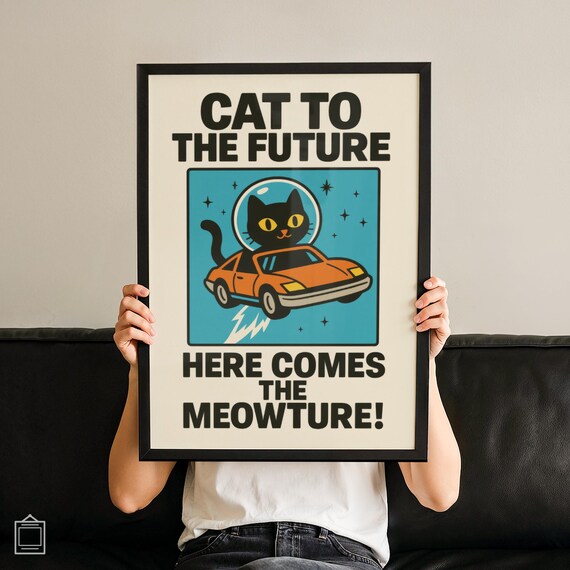 Funny Cat to the Future Black Cat Space Car Retro Art Poster