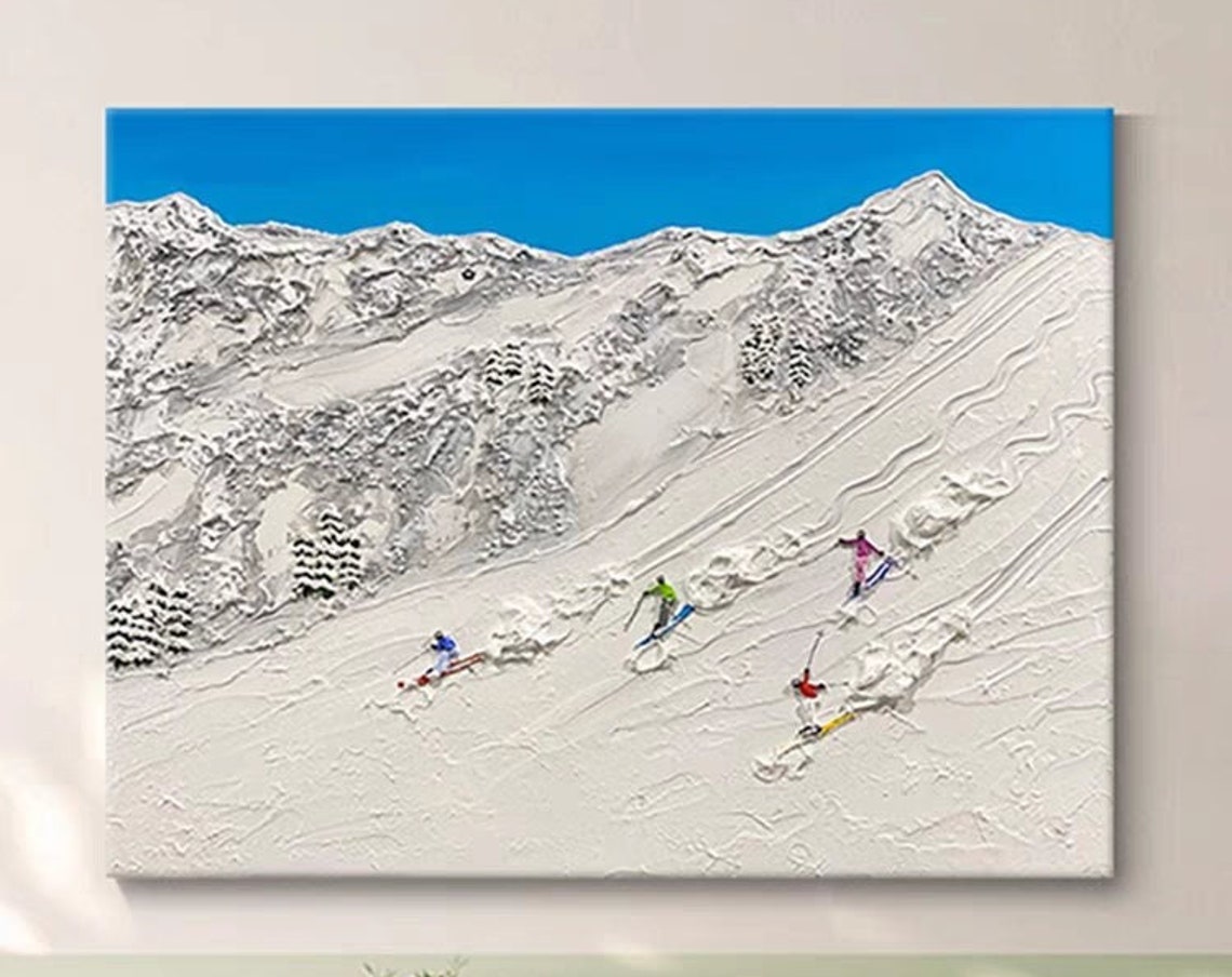 Skiers Racing Down Snowy Mountain Bright Blue Sky Winter Poster