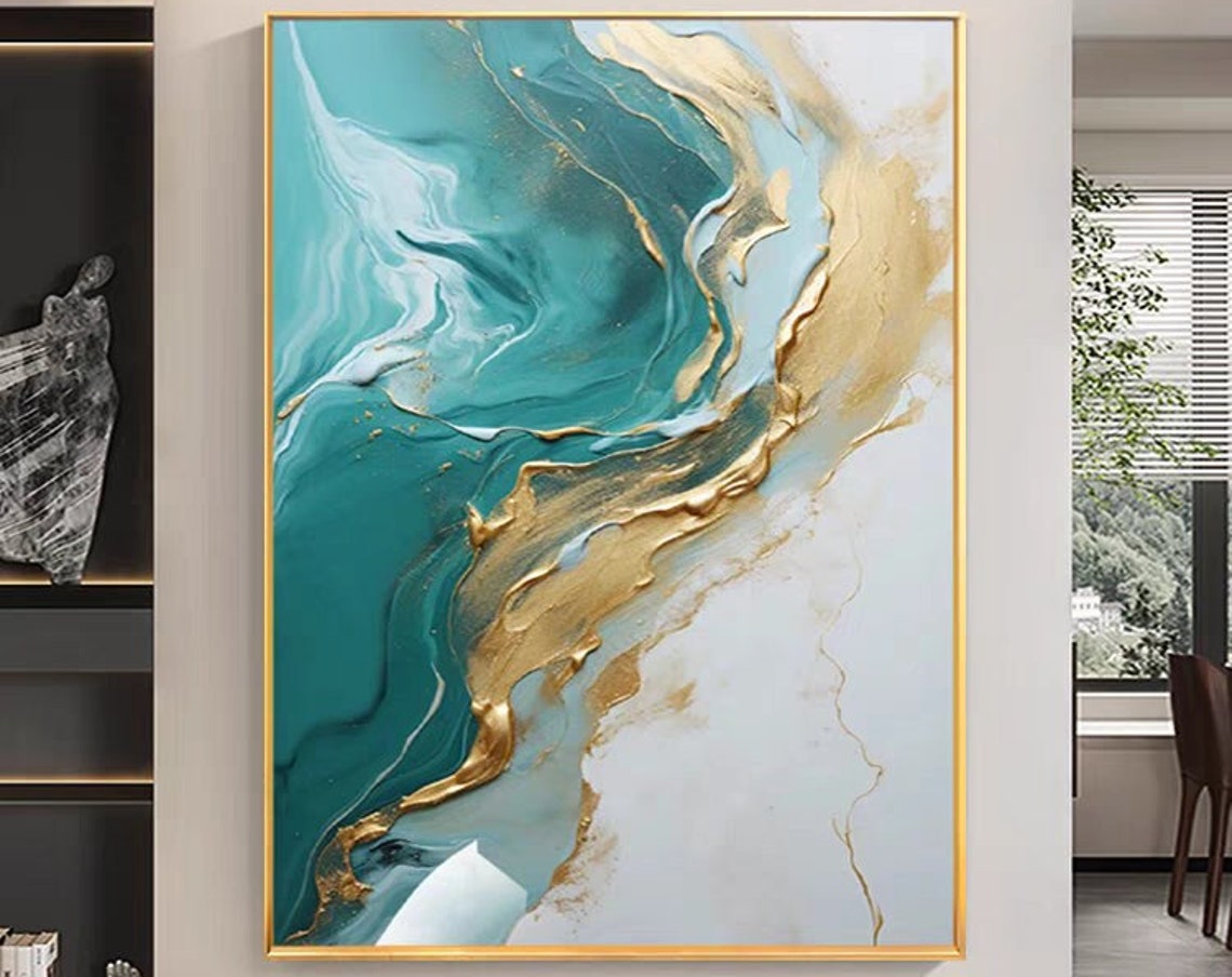 Teal and Gold Marble Vein Abstract Luxury Style Painting Poster