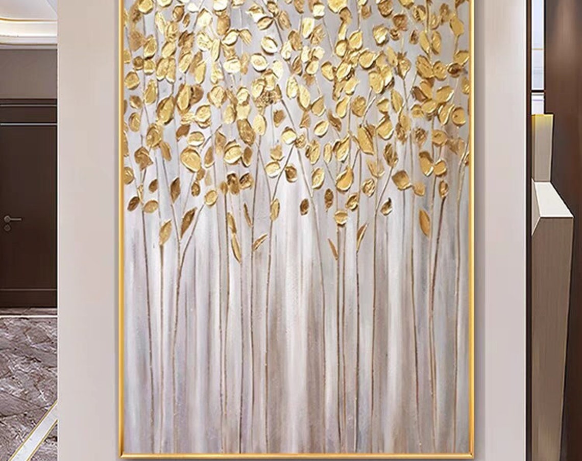 Golden Leaf Trees With White Stems Vertical Foil Effect Artwork Poster
