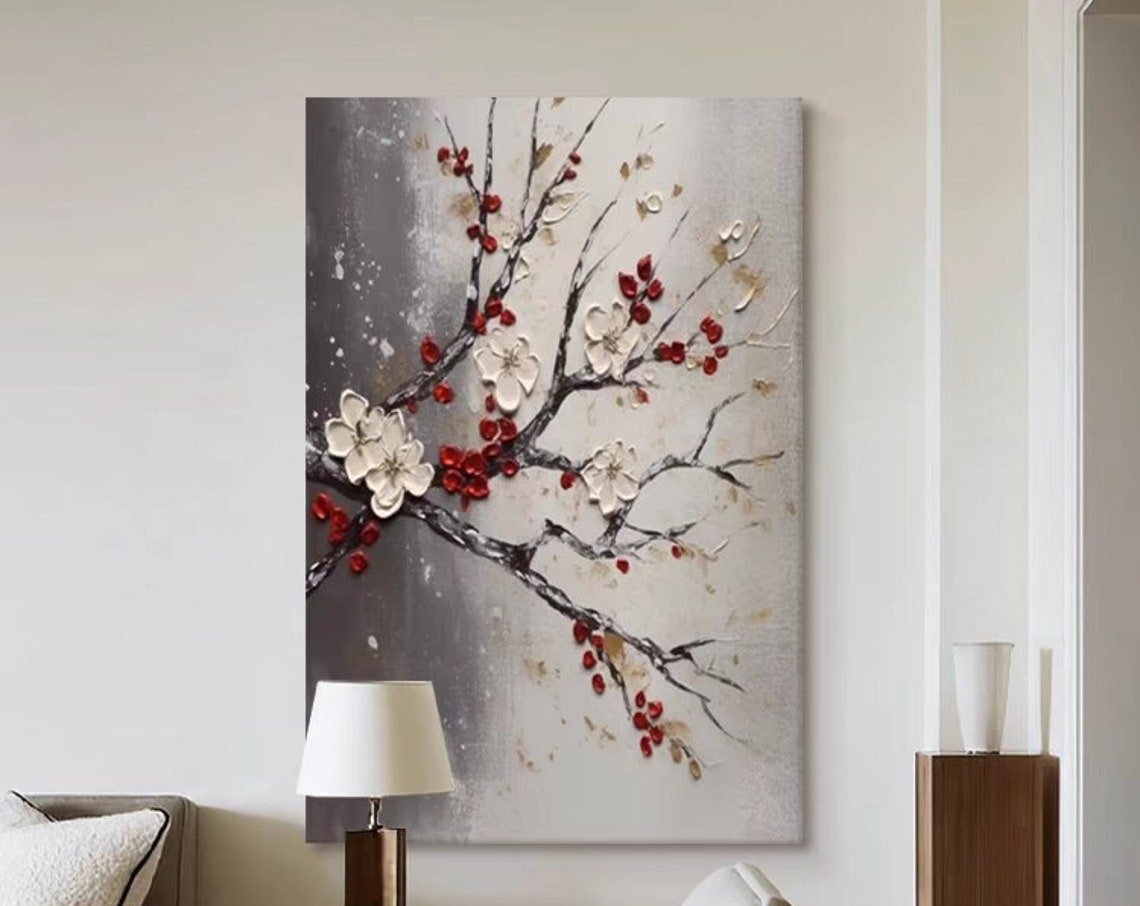 Cherry Blossom Branch Red Berries White Bloom Elegant Floral Poster