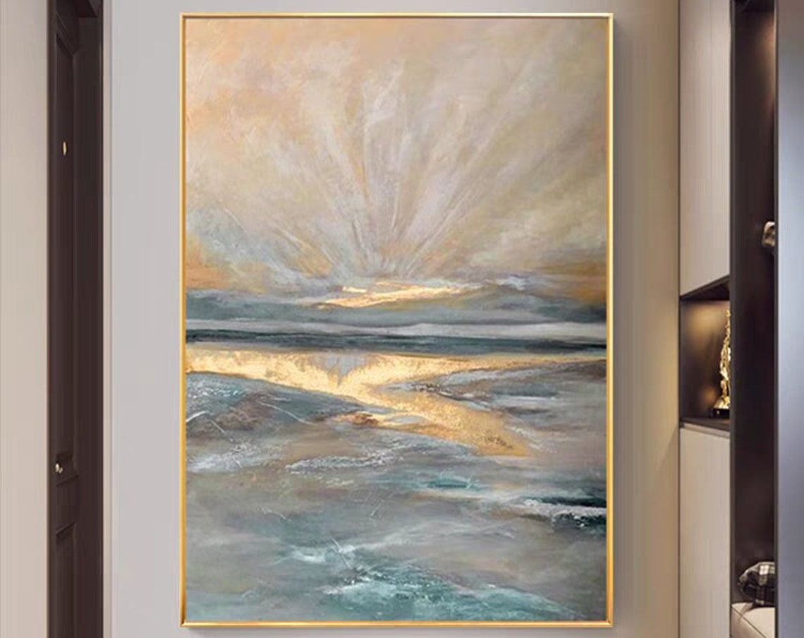 Sunrise And Lakeside Acrylic Painting Oversized Art Custom Vertical Hallway Wall Art Personal Gift Extra Large Golden Blue Abstract Painting