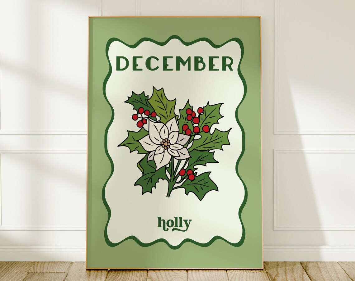December Holly Birth Flower Green Christmas Botanical Wall Poster