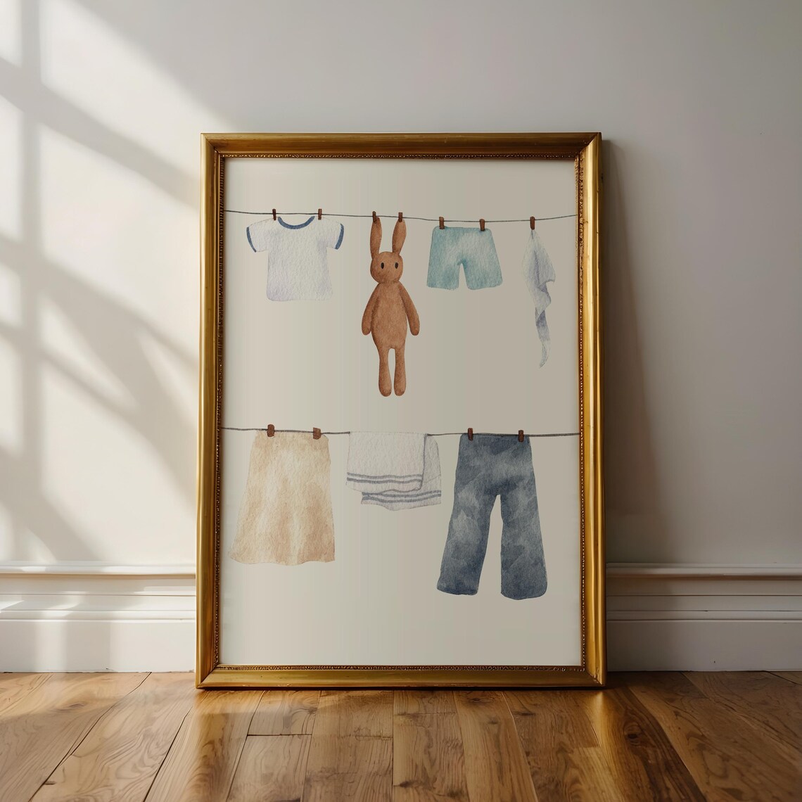 Watercolor Baby Clothesline Bunny Plush Laundry Nursery Wall Art - Image 2