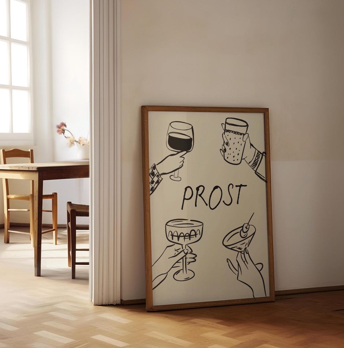Prost Cheers Bar Print Hands Holding Wine Cocktail Sketch Wall Art - Image 2