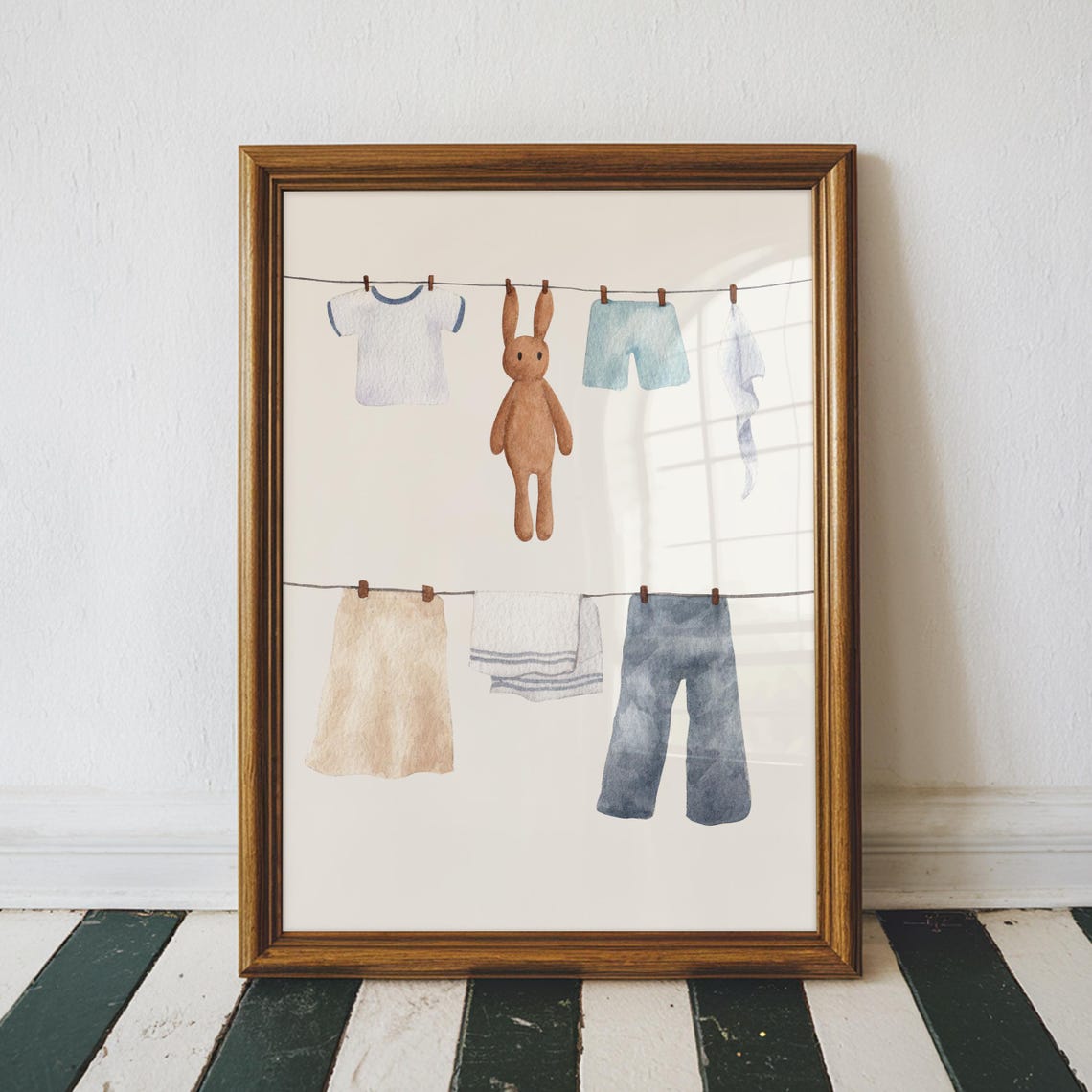 Watercolor Baby Clothesline Bunny Plush Laundry Nursery Wall Art - Image 3