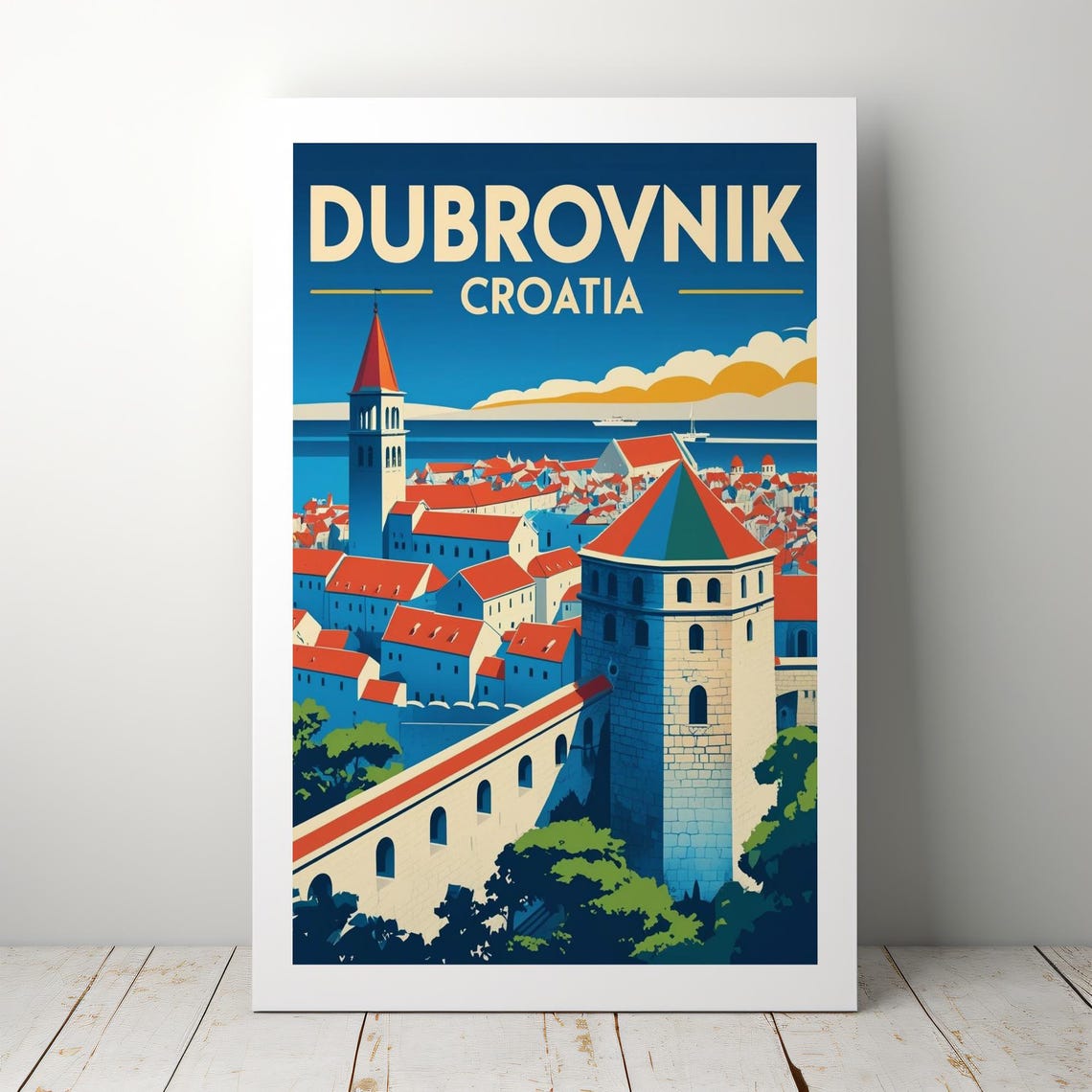 Dubrovnik Croatia Retro Travel Poster with Red Rooftops and Old Walls