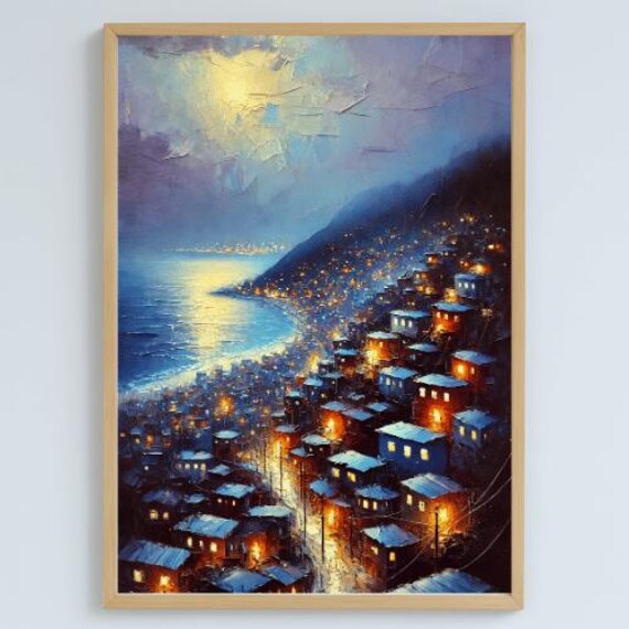 Vidigal Rio Night Moonlit Coast Impressionist Painting Poster