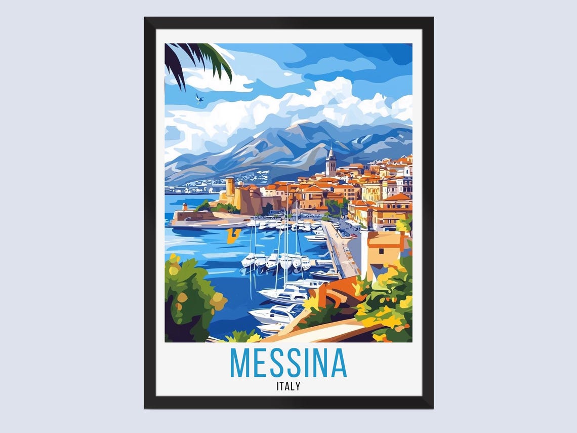 Colorful Messina Italy Harbor Boats Mountain View Travel Poster