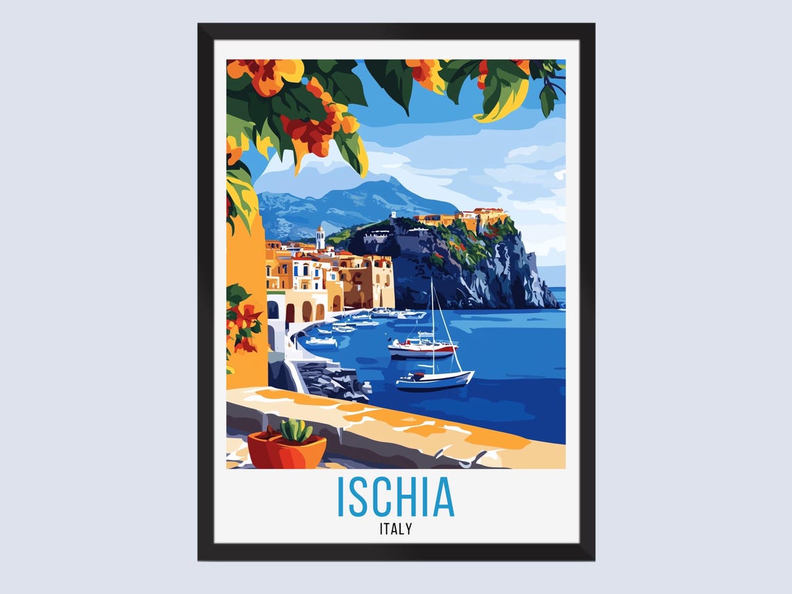 Sunny Ischia Italy Seaside Cliffs Sailboats Vintage Travel Poster