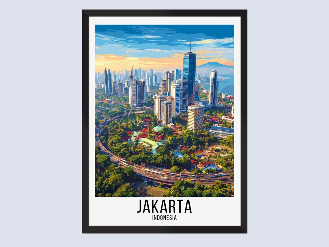 Jakarta Indonesia Skyline Aerial View Vintage Style Travel Poster