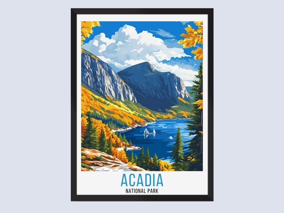 Acadia National Park Autumn Foliage Lake Sailboats Travel Poster