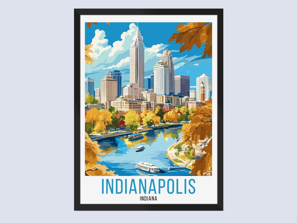 Indianapolis Indiana Skyline Autumn Riverfront Travel Poster