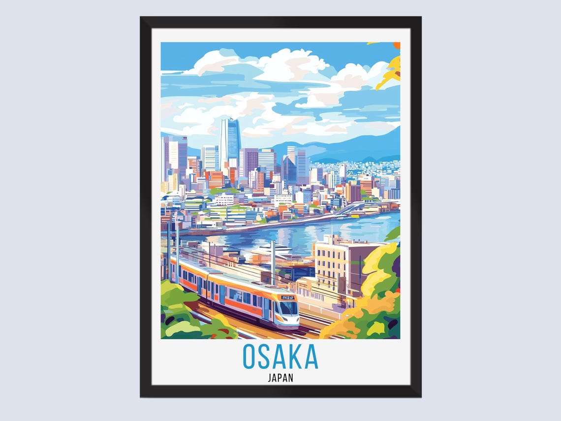 Osaka Japan Skyline Bay Train Foreground Retro Travel Poster