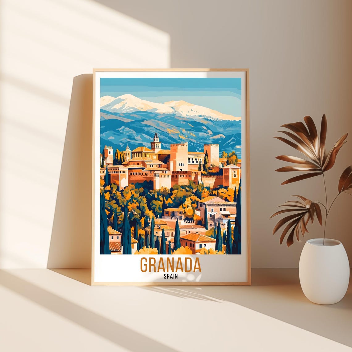 Granada Spain Alhambra Palace Hill View Sunset Vintage Poster