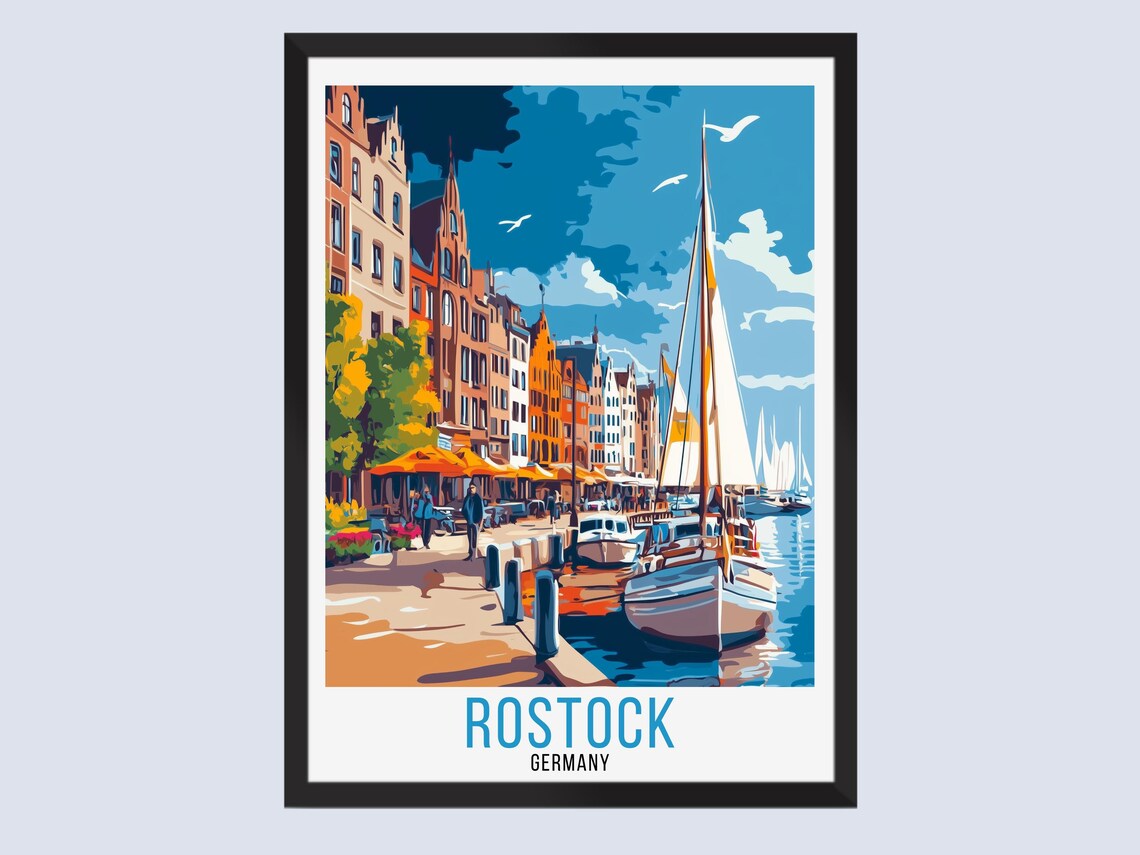 Rostock Germany Vintage Travel Art Harbor Sailboats Quay Poster