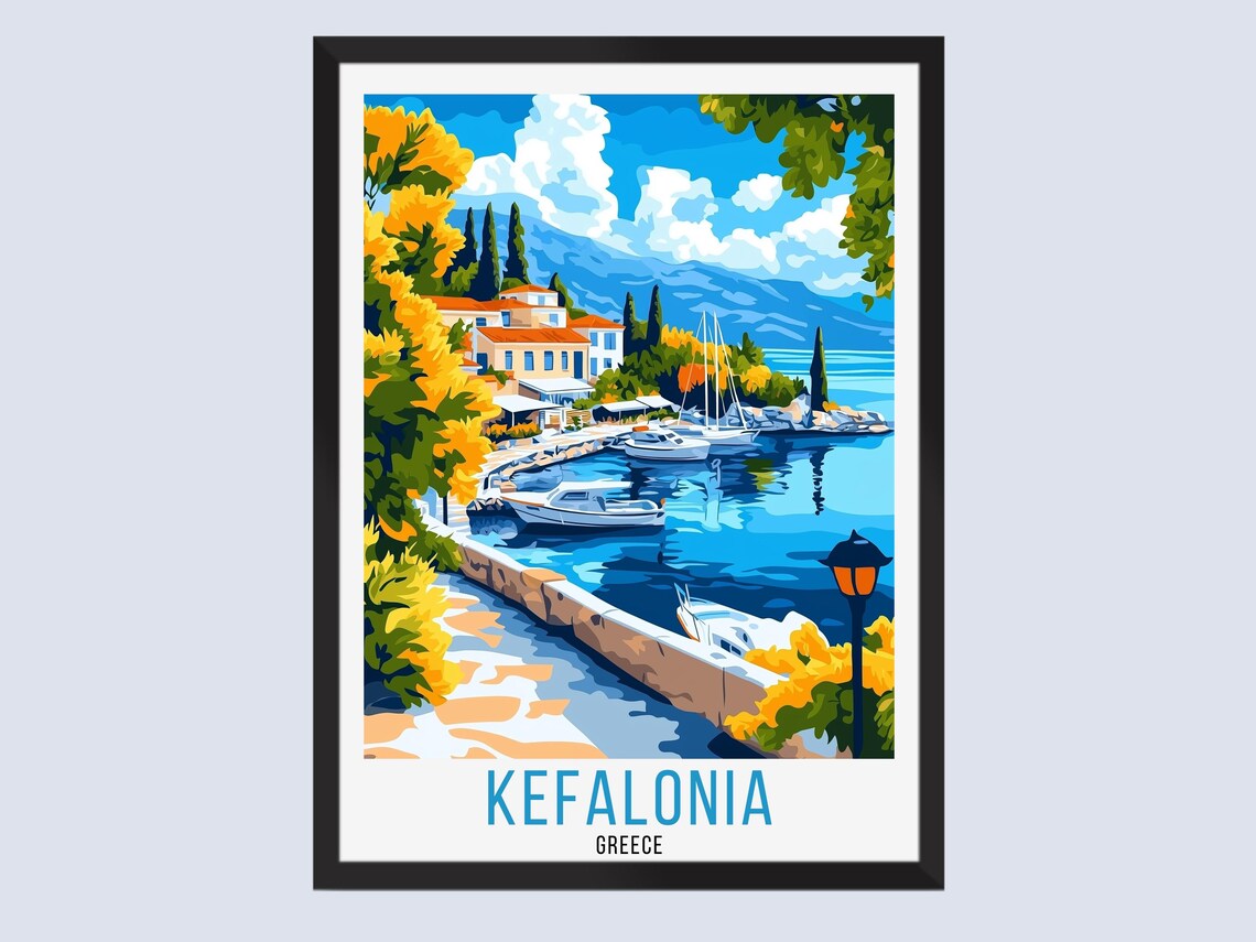 Kefalonia Greece Harbor Sailboats Floral Hills Travel Poster