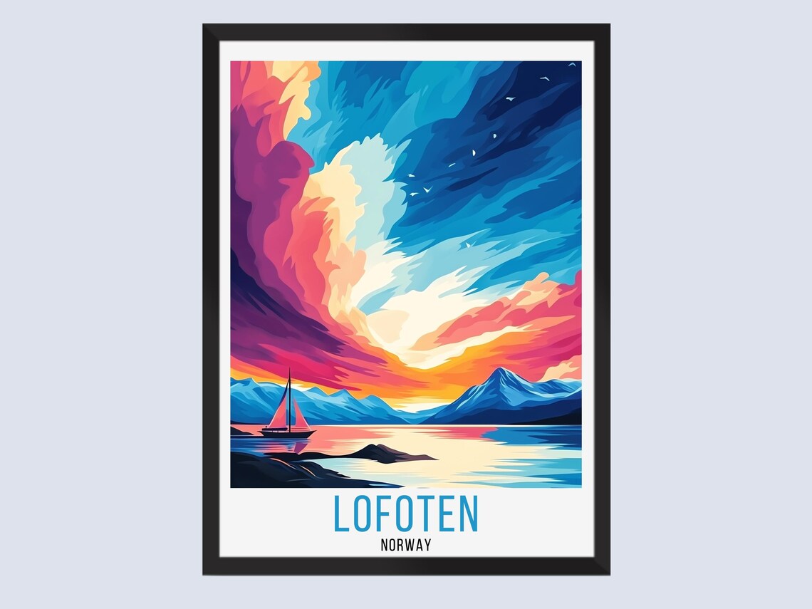Lofoten Norway Sunset Fjord Sailboat Painterly Sky Travel Poster
