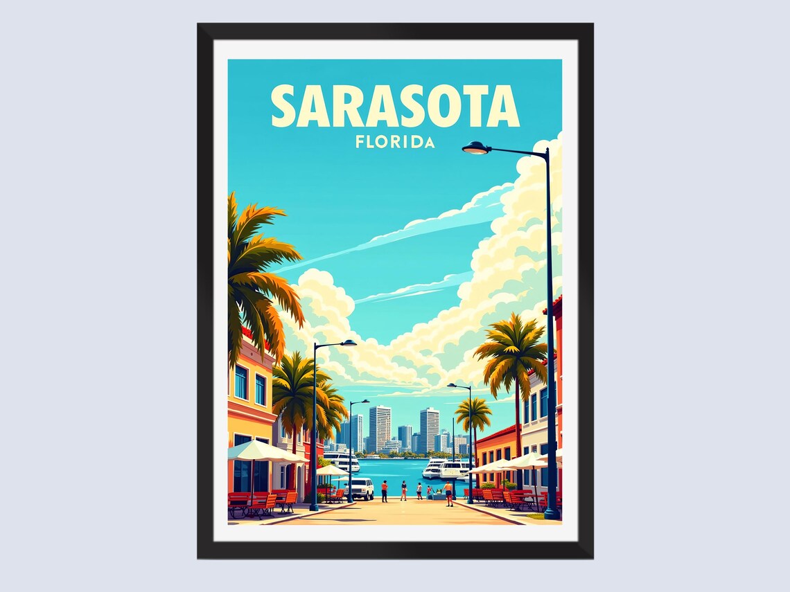 Sarasota Florida Retro Travel Poster Marina Palms Waterfront City